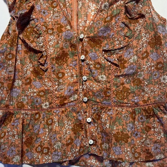 VERONICA BEARD Araya Top Coral Floral Ruffle Button Front Eyelet Detail Blouse 2 - Picture 4 of 10